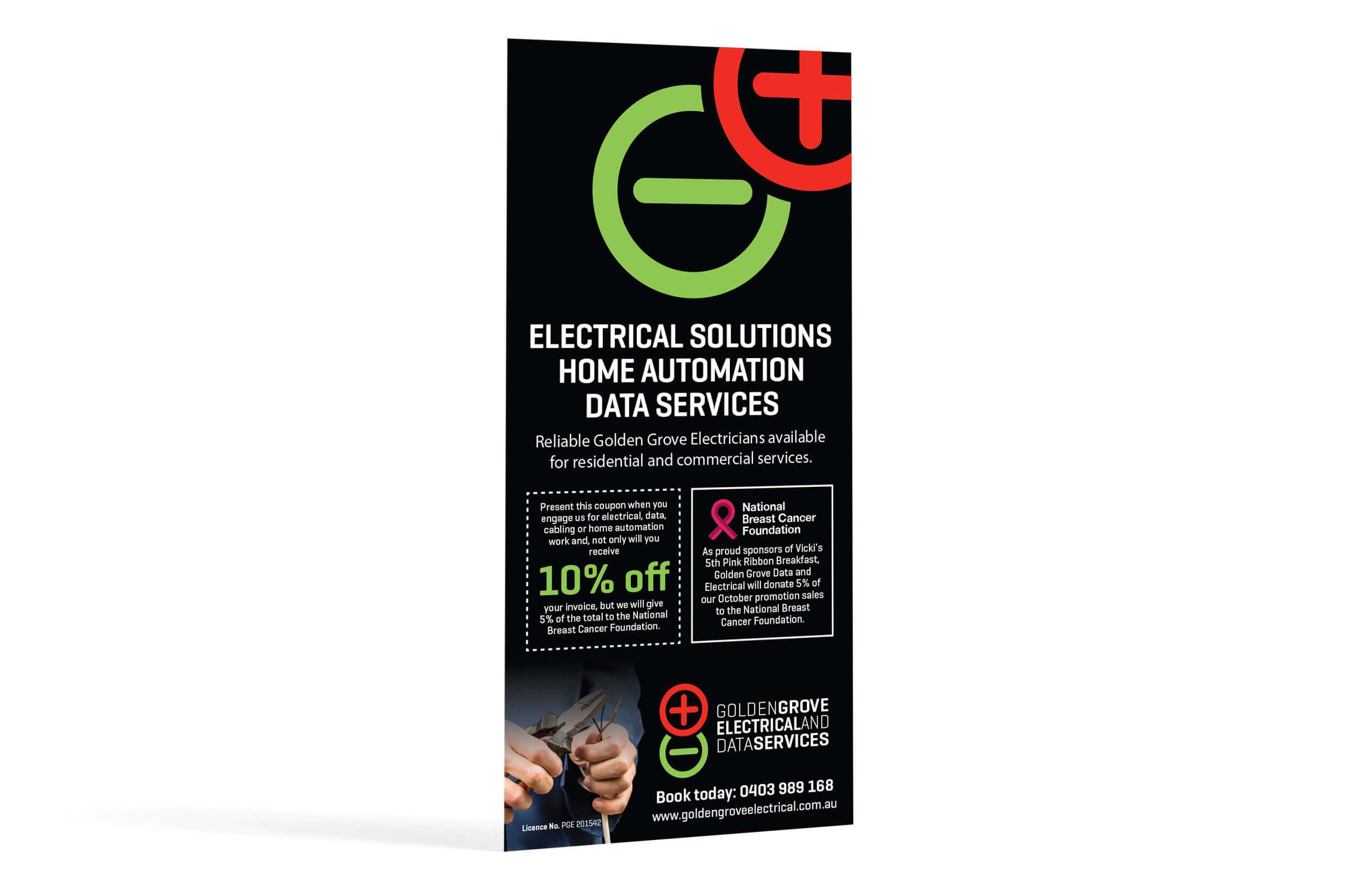 Icon Web Design Adelaide. Image of the Golden Grove Electrical & Data Services flyer standing vertically.