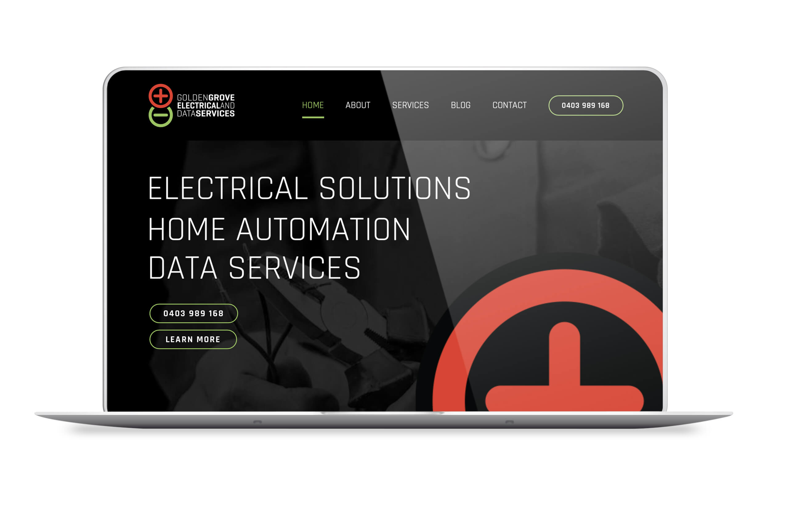 Icon Web Design Adelaide. Image of the Golden Grove Electrical & Data Services homepage displayed on a laptop.