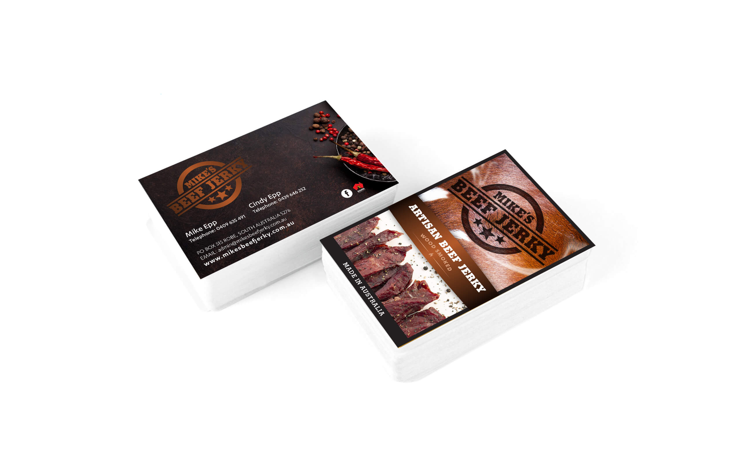 Icon Web Design Adelaide. Image of Mike's Beef Jerky business cards in a vertical stack.