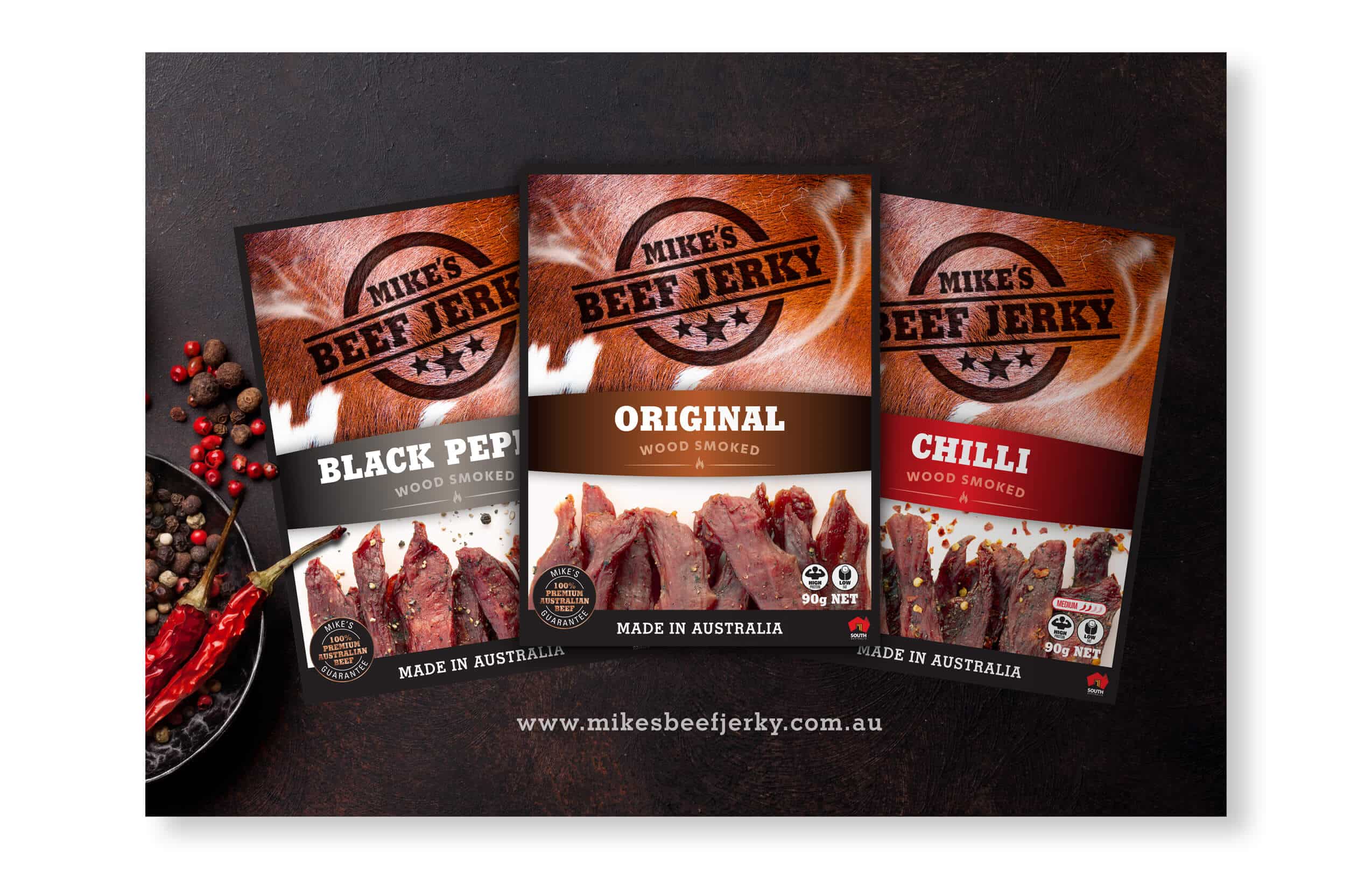 Icon Web Design Adelaide. Image of Mikes's Beef Jerky packs on a slate background.