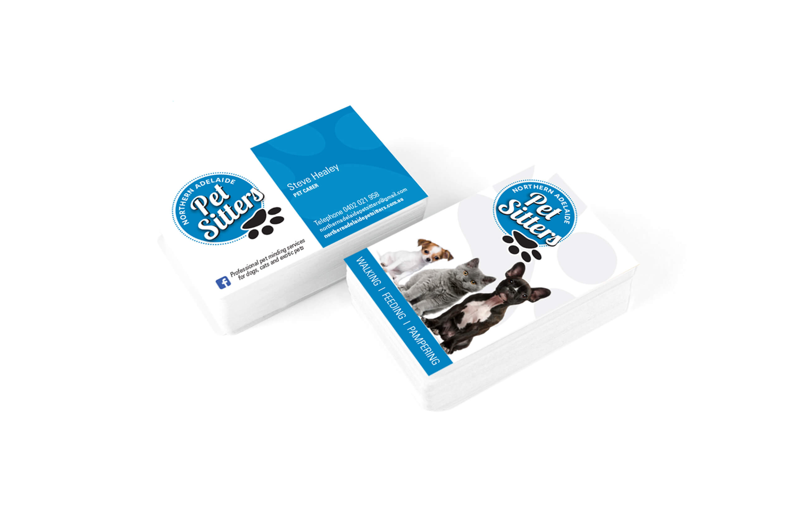 Icon Web Design Adelaide. Image of the Northern Adelaide Pet Sitters business cards stacked vertically.