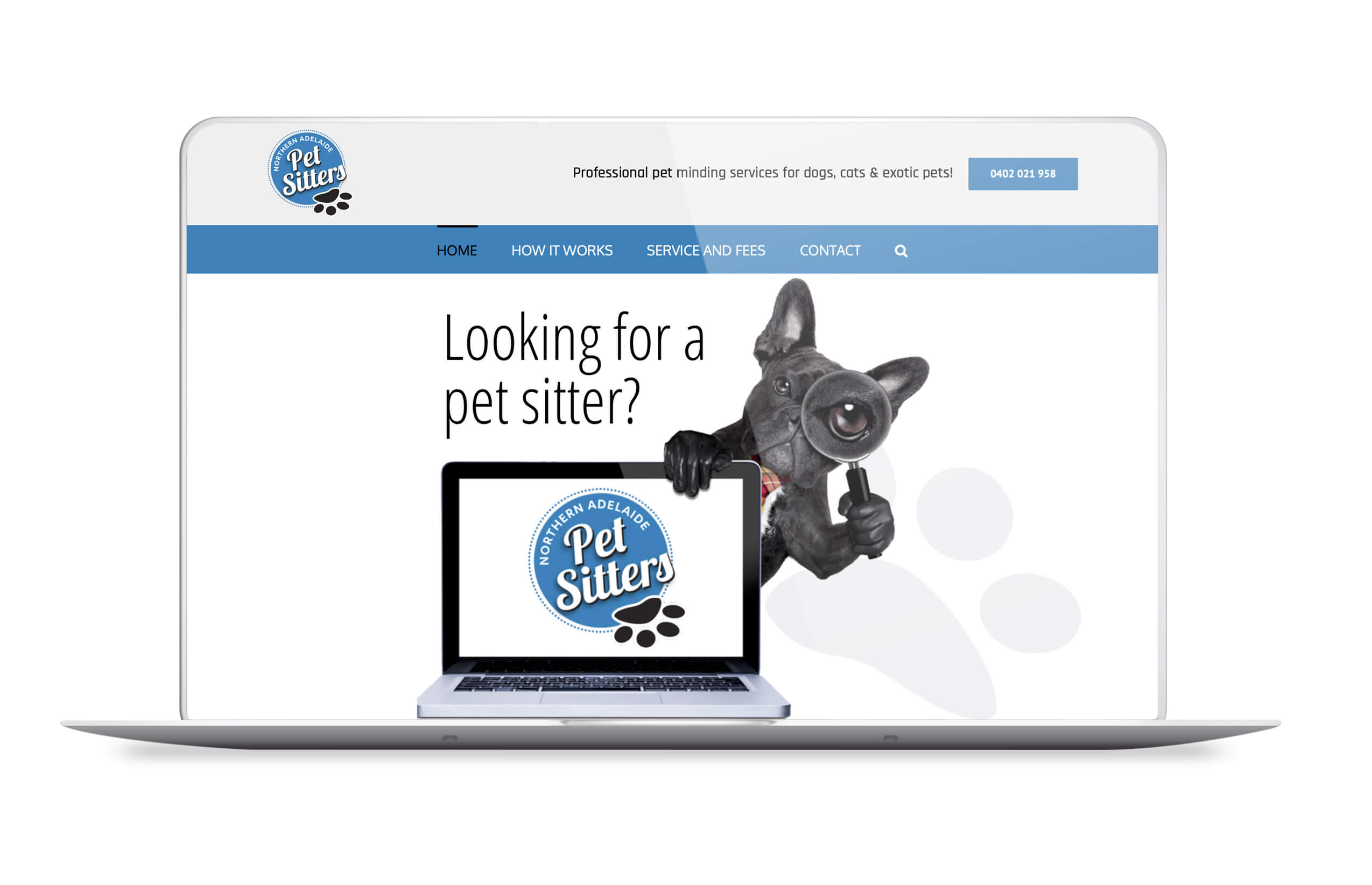 Icon Web Design Adelaide. Image of a Northern Adelaide Pet Sitters webpage displayed on a laptop.