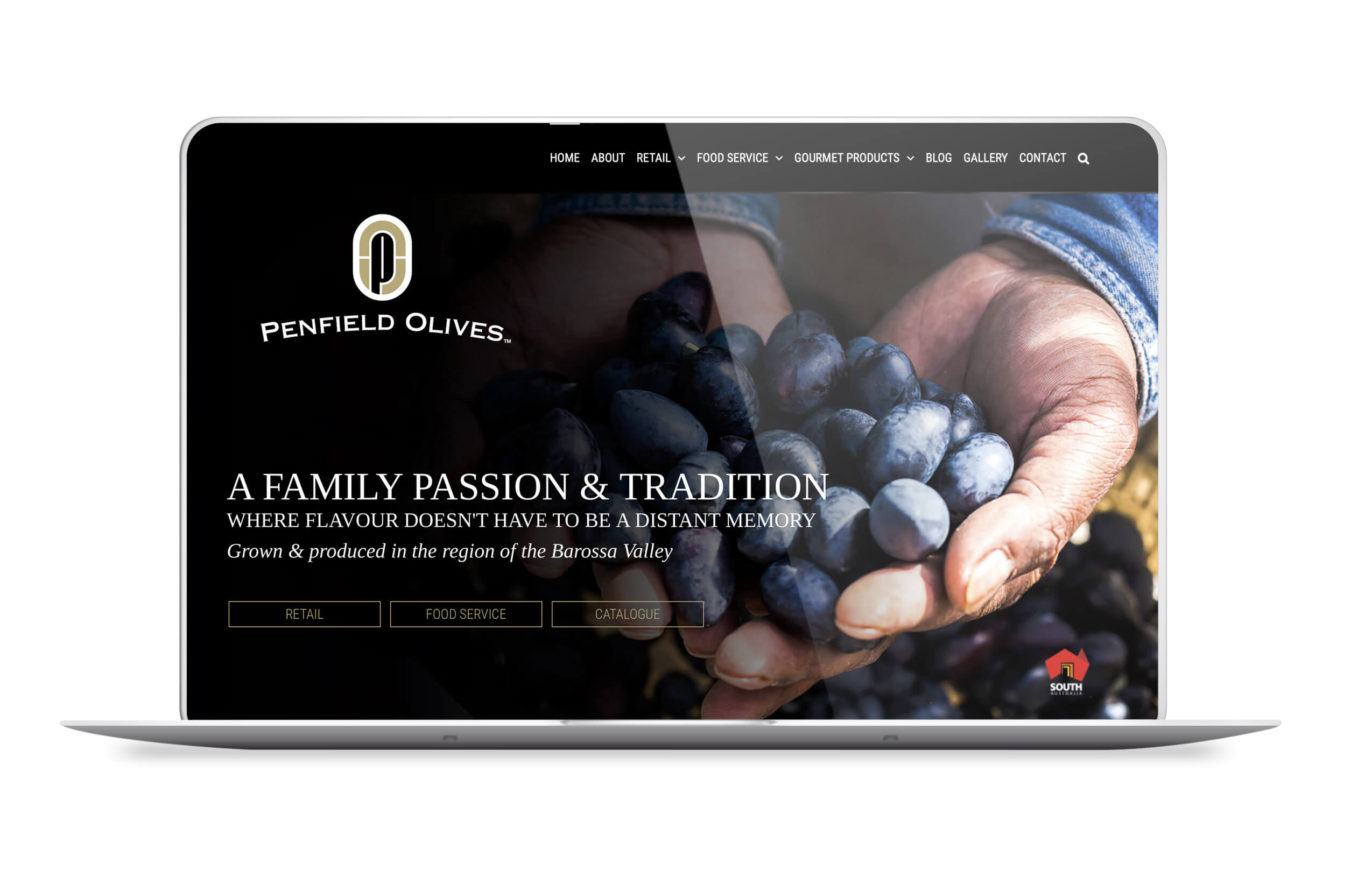 Icon Web Design Adelaide. Image of the Penfield Olives homepage displayed on a laptop.