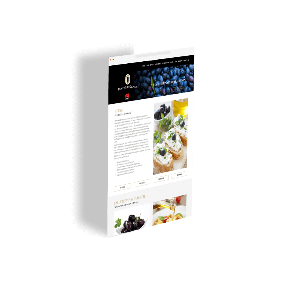 Icon Web Design Adelaide. Image of a Penfield Olives webpage standing vertically.