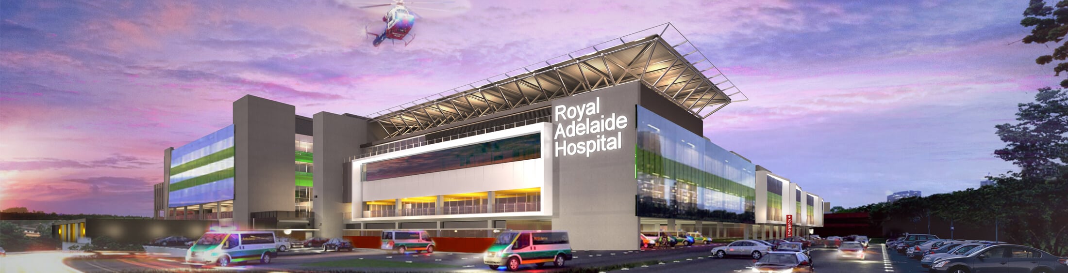 Icon Web Design Adelaide. Image of a helicopter flying of the new Royal Adelaide Hospital.