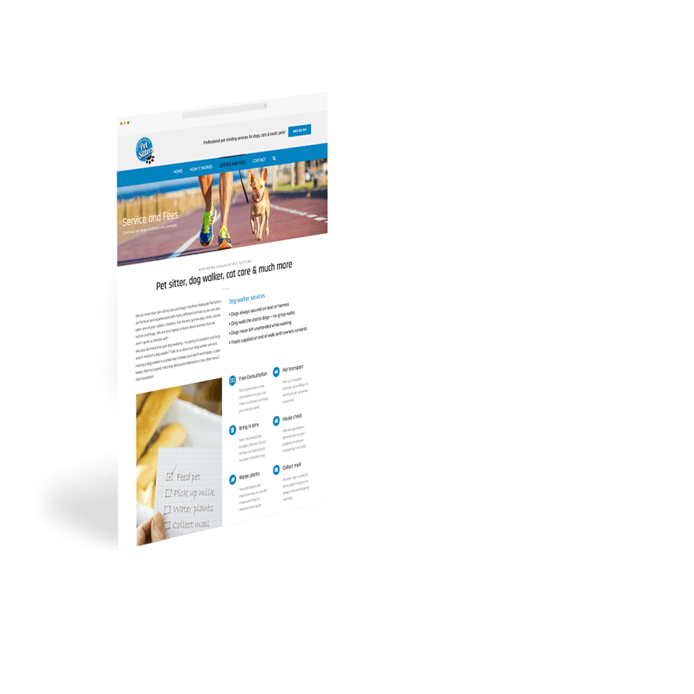 Icon Web Design Adelaide. Image of the Northern Adelaide Pet Sitters webpage standing vertically.