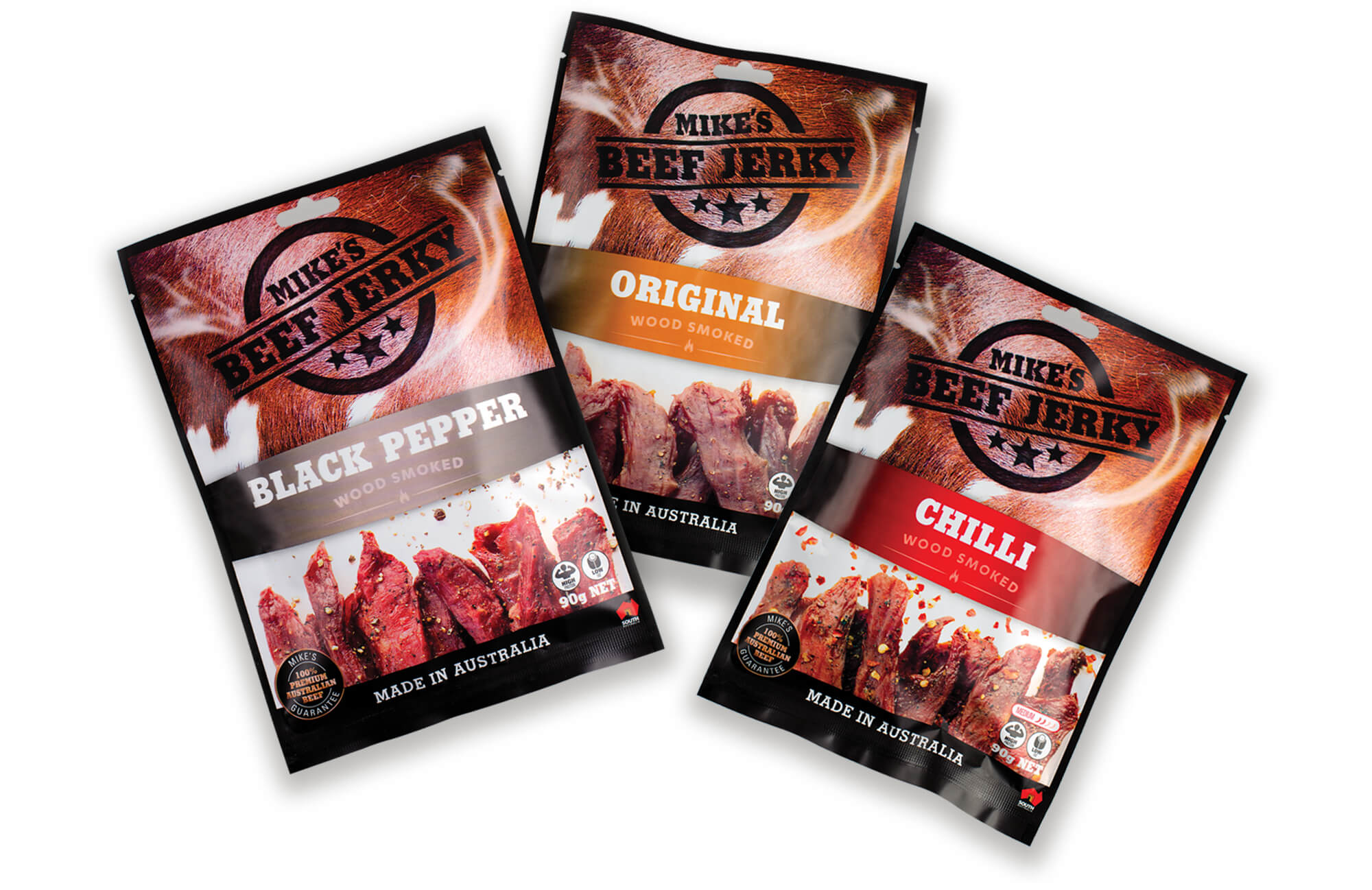 Icon Graphic Design - Label and packaging design Adelaide image of a Mike's Beef Jerky packages x 3 kinds.