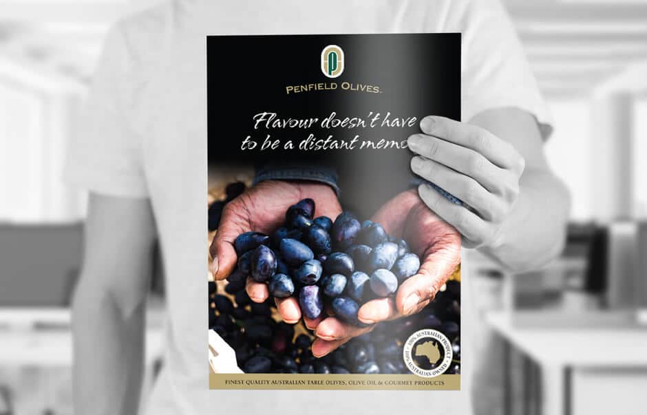 Icon Graphic Design - Brochure Design Adelaide image of a Penfield Olives brochure's front page.