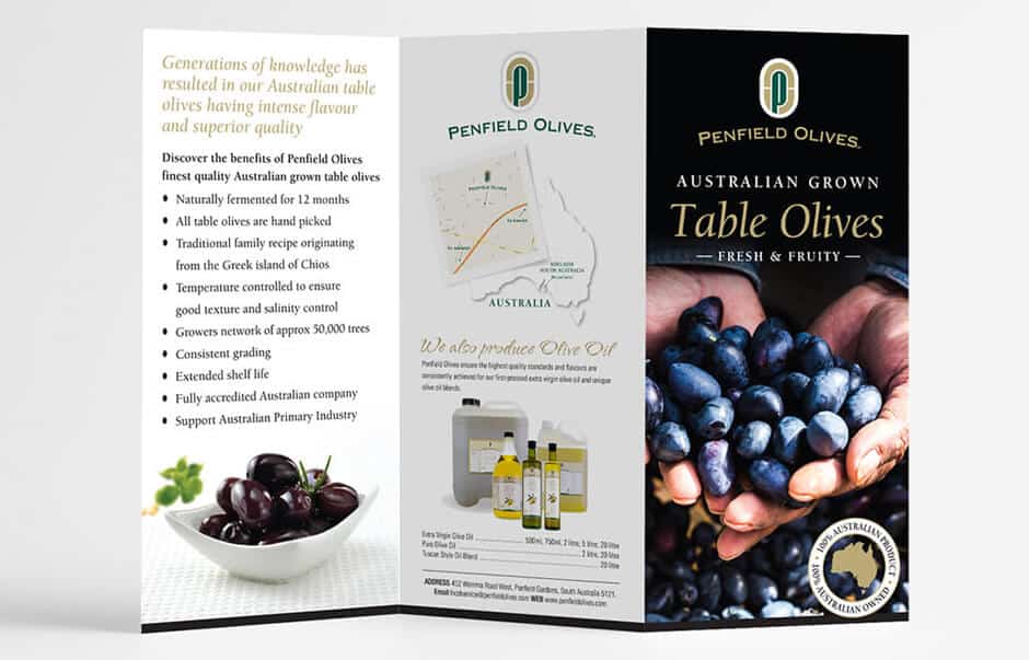 Icon Graphic Design - Brochure Design Adelaide image of a Penfield Olives tri-fold brochure front.
