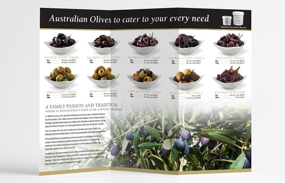 Icon Graphic Design - Brochure Design Adelaide image of a Penfield Olives tri-fold brochure inside.