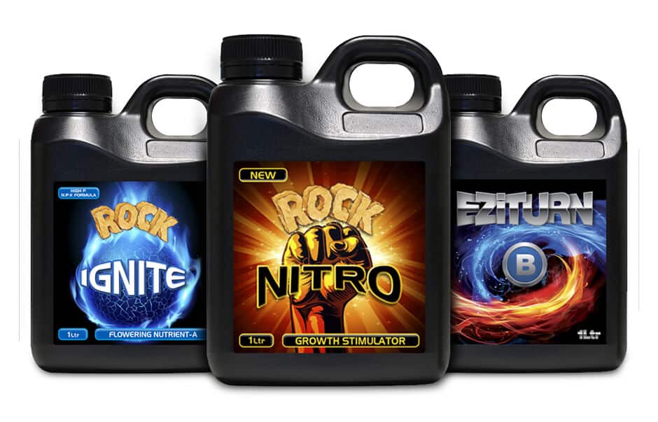 Icon Graphic Design - Label and packaging design Adelaide image of Rock Holdings hydroponics products, Rock Ignite, Rock Nitro and EziTurn 1 litre black bottles.