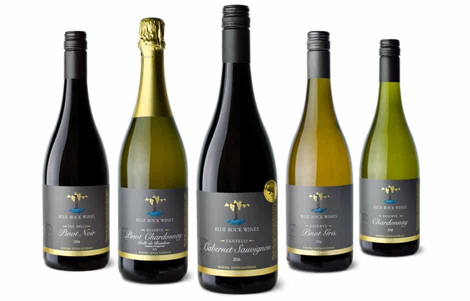 Icon Graphic Design - Label and packaging design Adelaide image of Blue Rock Wines Pantelis premium wine range x 5 kinds.