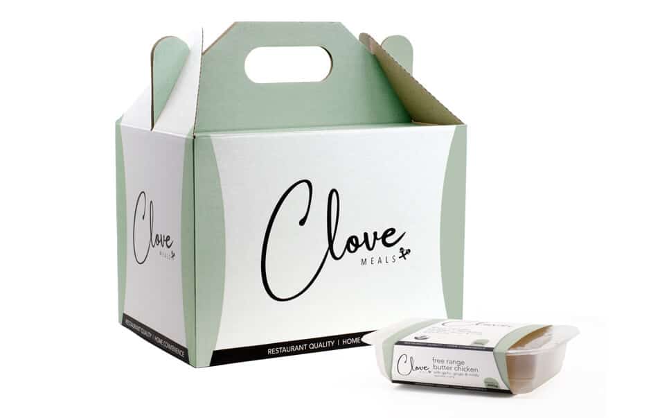 Icon Graphic Design - Label and packaging design Adelaide image of Clove Meals cardboard container wrap with deliver carton in the background.
