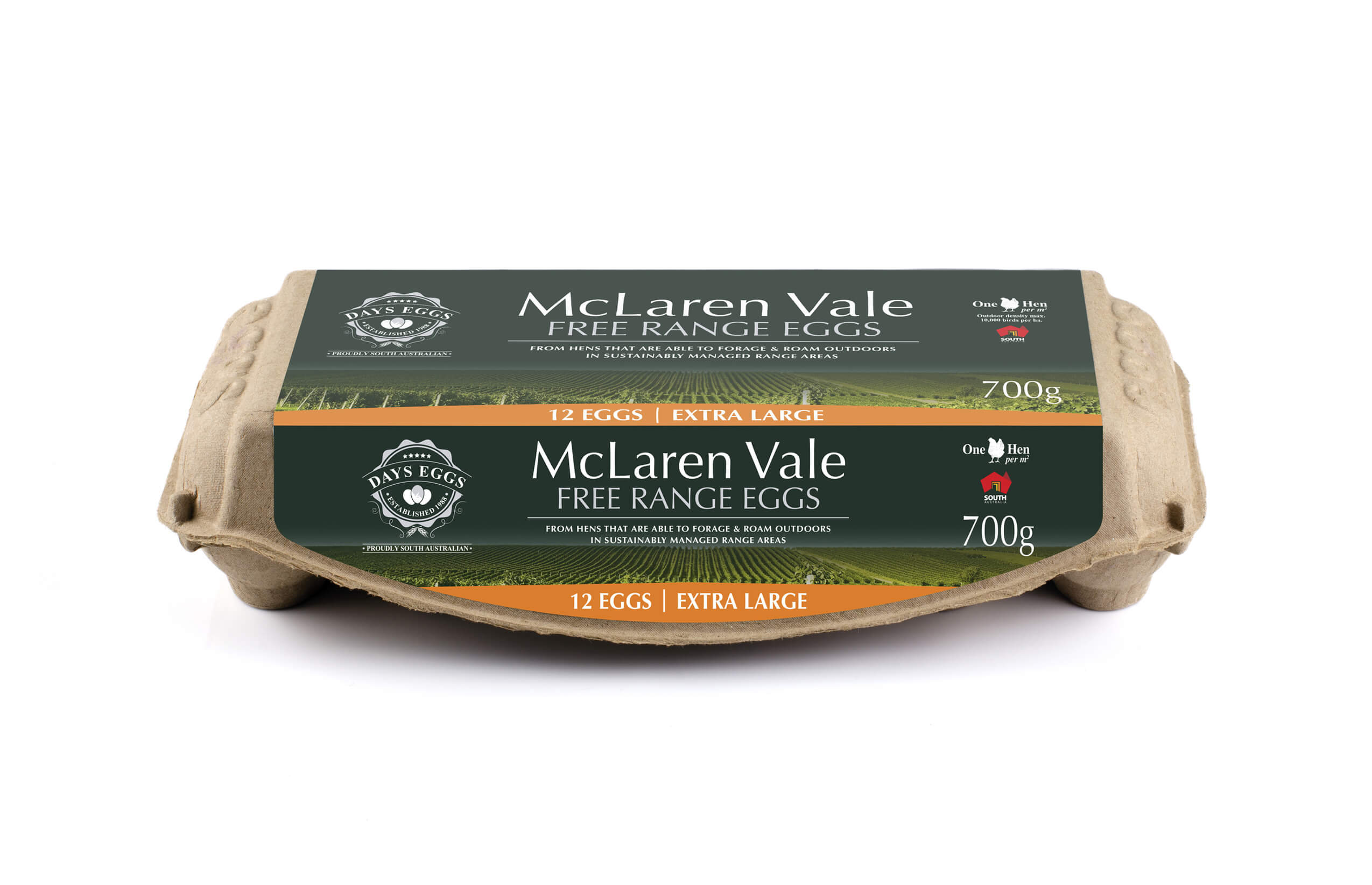 Icon Graphic Design - Label and packaging design Adelaide image of Days Eggs McLaren Vale 700g 12 egg carton.
