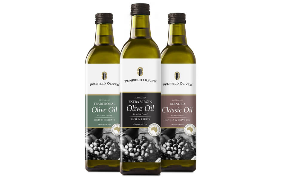 Icon Graphic Design - Label and packaging design Adelaide image of Penfield Olives - Range of olive oils x 3 kinds in 750ml glass bottles.