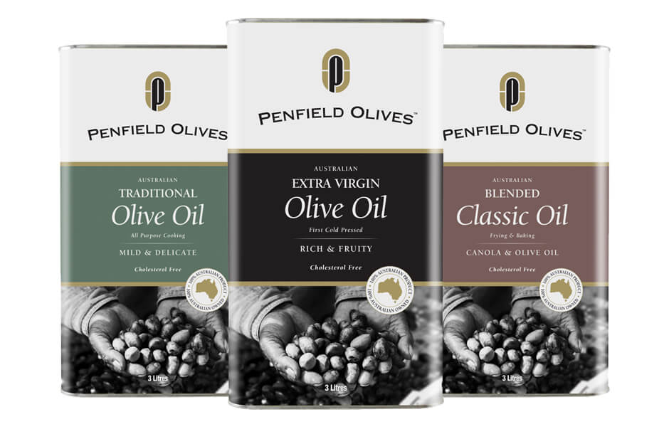 Icon Graphic Design - Label and packaging design Adelaide image of Penfield Olives - Range of olive oils x 3 kinds in 20 Litre cans.