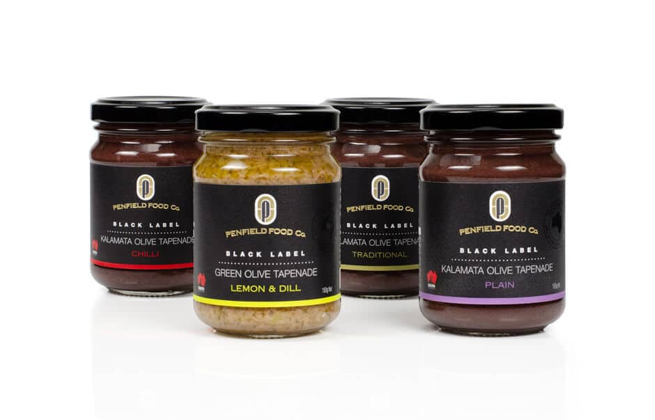 Icon Graphic Design - Label and packaging design Adelaide image of Penfield Olives - Olive Tapenade range in 150g glass jars.