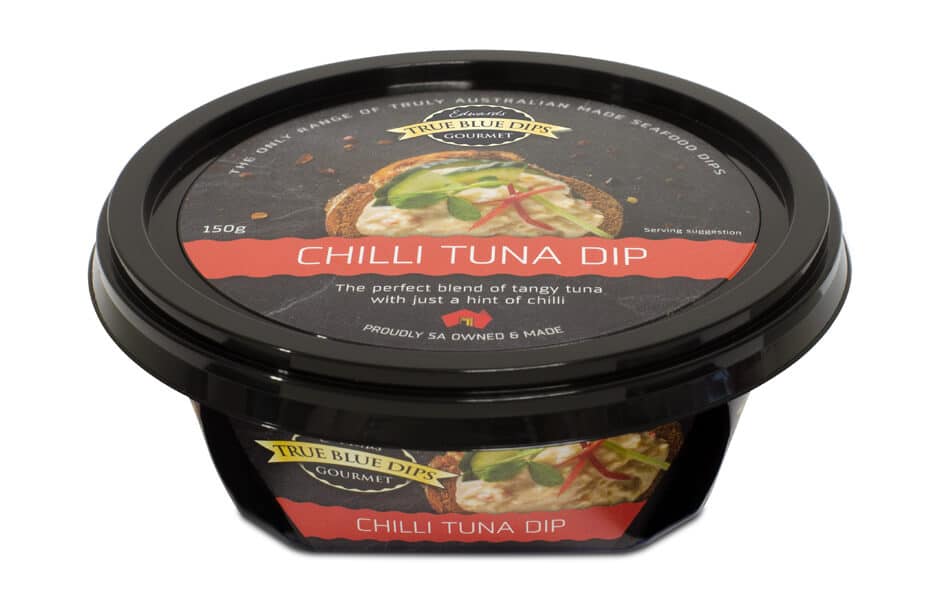 Icon Graphic Design - Label and packaging design Adelaide image of True Blue Dips Chilli Tuna Dip tub.