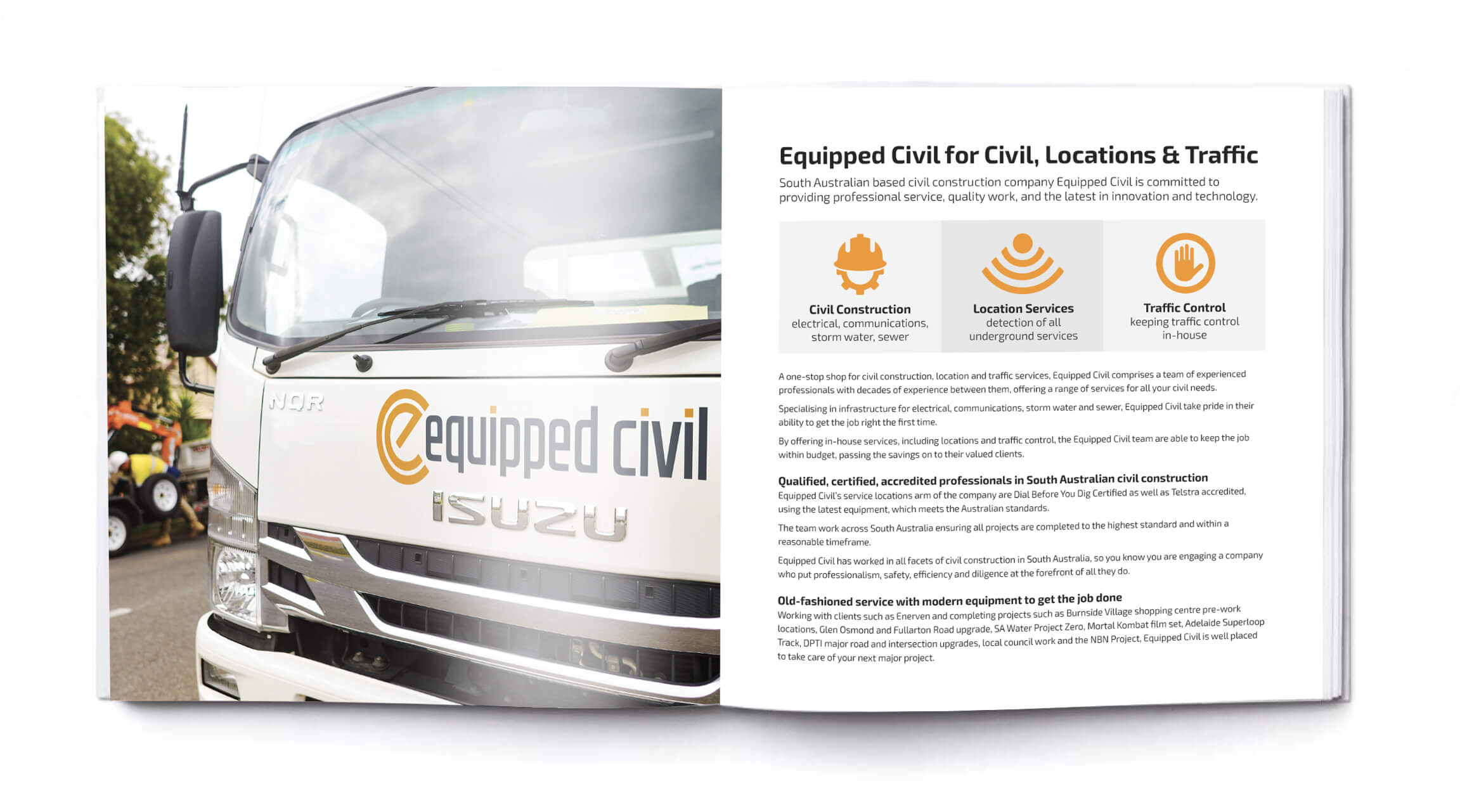 Icon Graphic Design Adelaide image of an open brochure that we designed for Equipped Civil