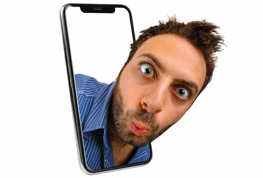Icon Graphic Designers Adelaide image of a confused surprised guy with his head poking out of an iPhone screen.