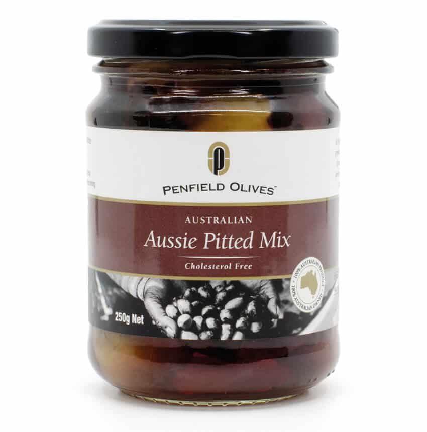 Icon Graphic Designers Adelaide, image of Penfield Olives Aussie Pitted Mix 150g product in a glass jar.