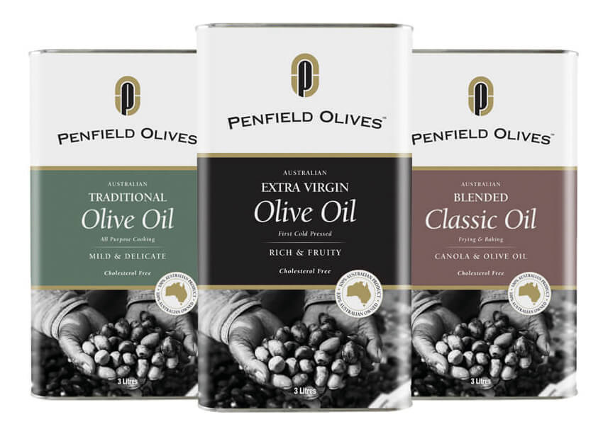 Icon Graphic Designers Adelaide, image of Penfield Olives, olive oil range in 3 litre cans in 3 varieties.
