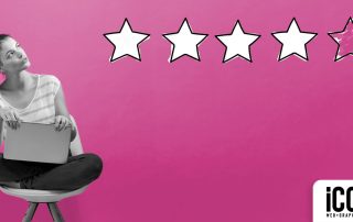 Icon Graphic Design Adelaide - Blog post What is the importance of Google reviews, has a pic of a girl sitting crosslegged in a chair looking at white stars with on pink on the wall behind her.