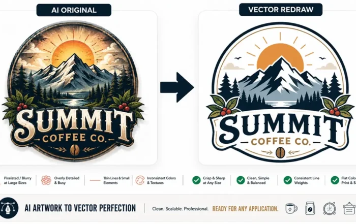 Icon Web + Graphic Design post - AI Artwork to Vector Conversion hero image of a typical AI generated logo converted to clean usable vector graphic.