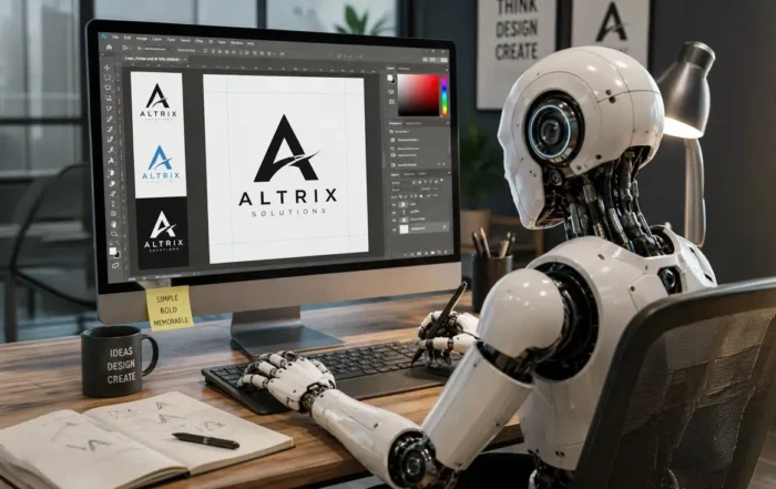 Why AI Won’t Build Your Brand. Photo of a Robot sitting at a desk in a design studio creating a logo.