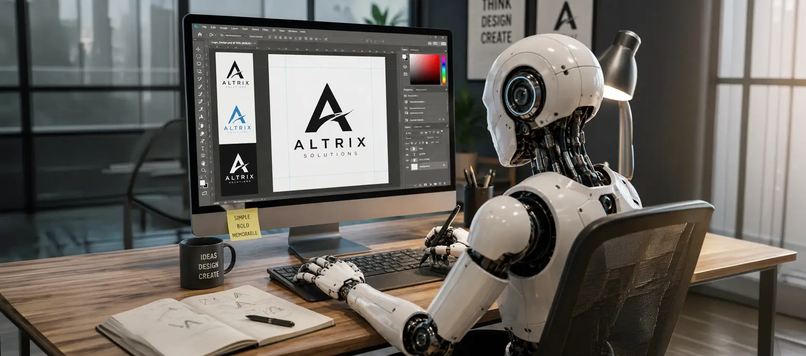 Why AI Won’t Build Your Brand. Photo of a Robot sitting at a desk in a design studio creating a logo.